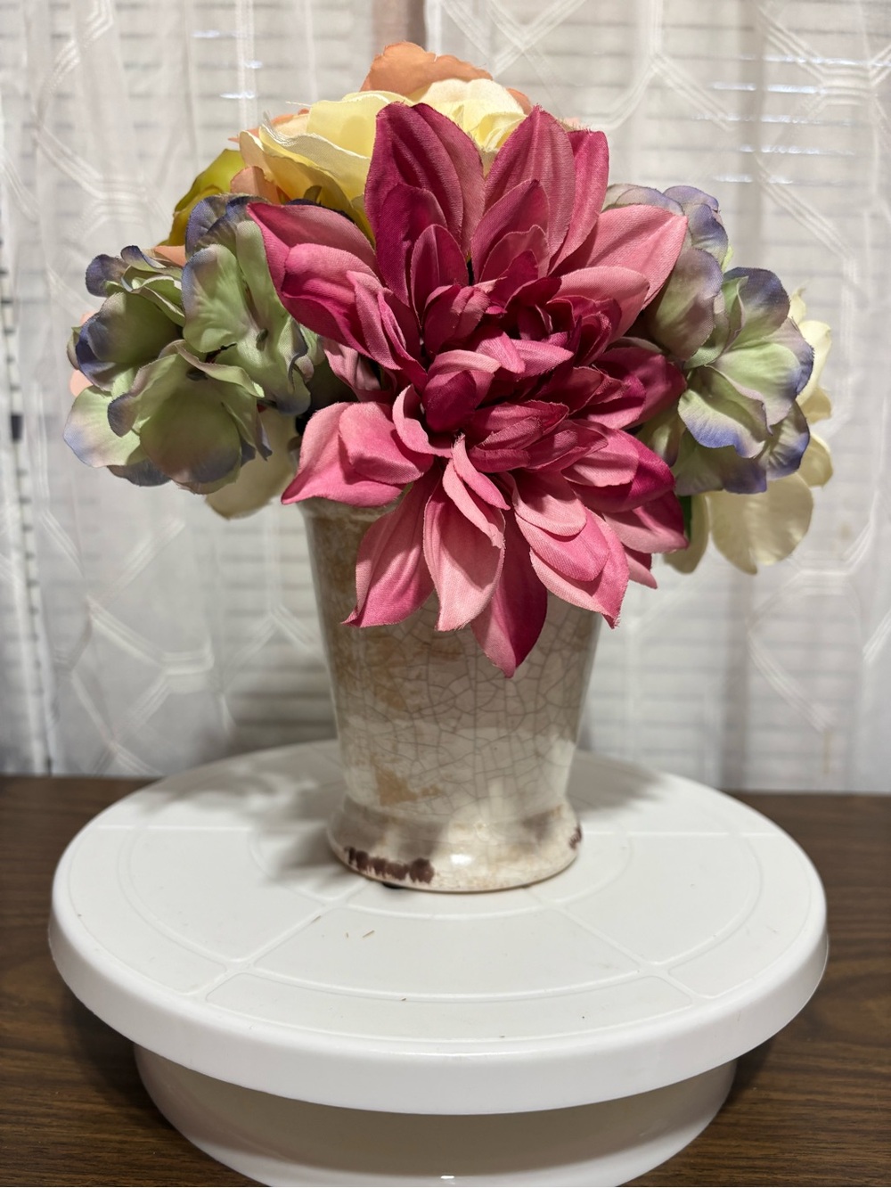 Artificial Floral Arrangement with Pink Dahlia Accent Rustic glazed ceramic vase